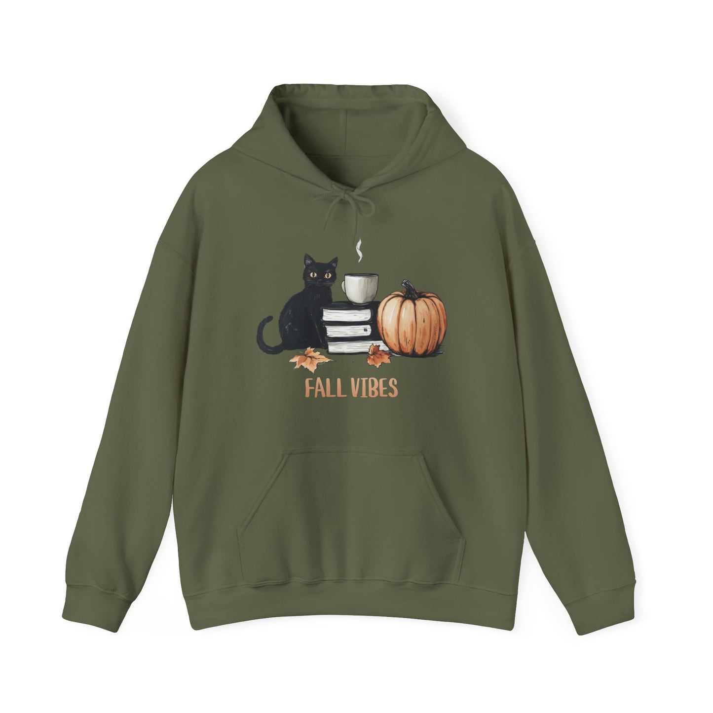 Fall Vibes Coffee Cat Books Pumpkin Maple Graphic Hoodie