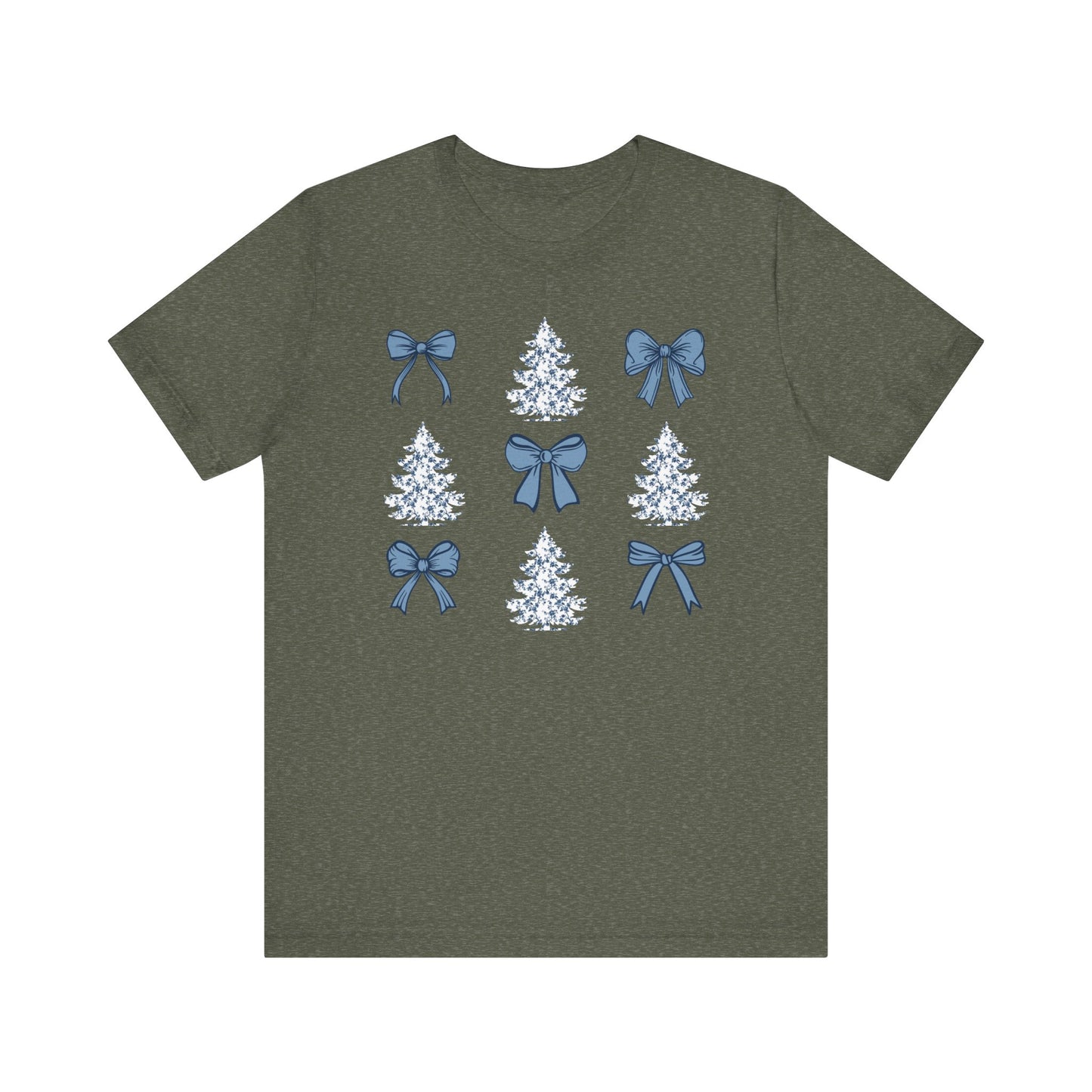 Toile De Jouy Christmas Trees and Blue Coquette Bows T-shirt