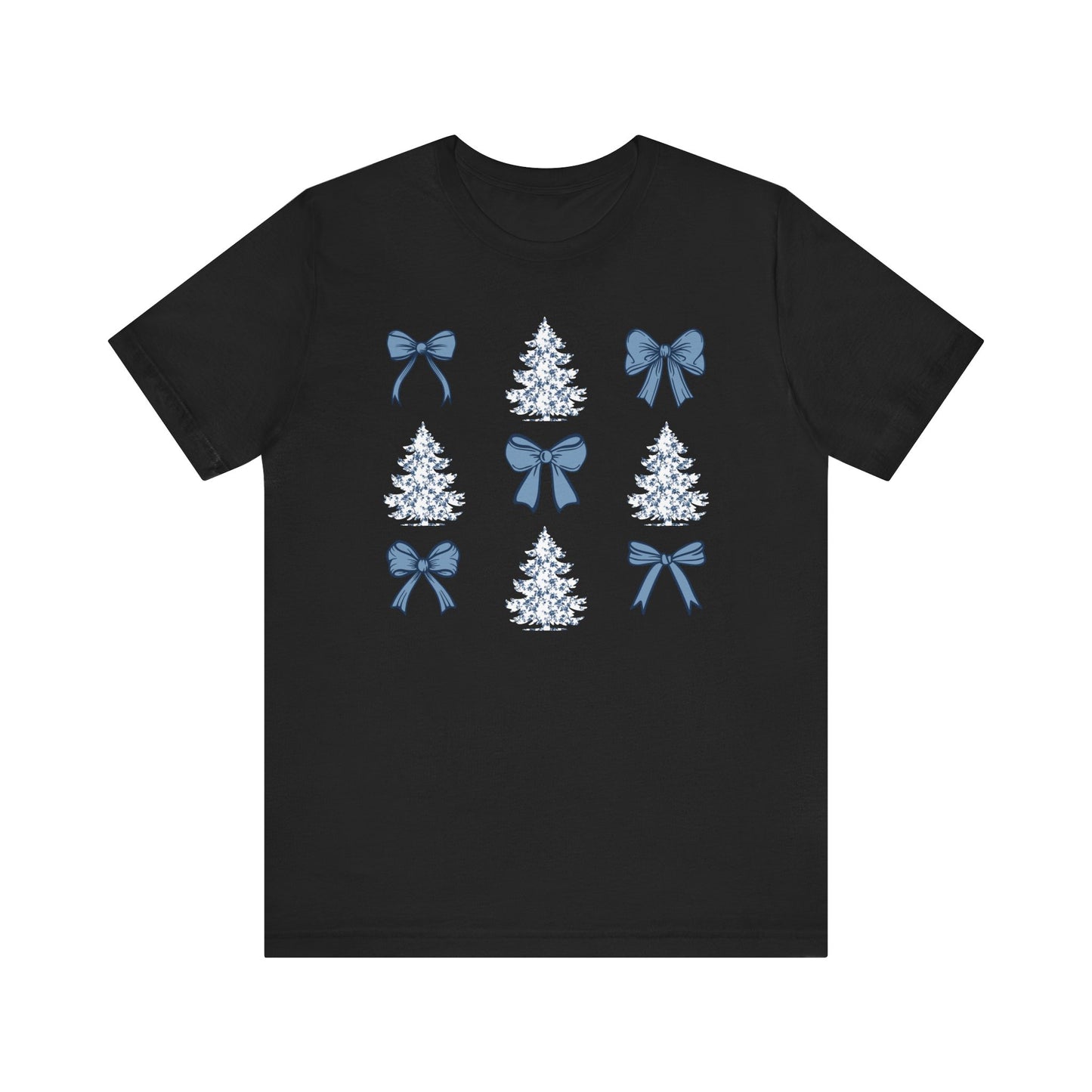Toile De Jouy Christmas Trees and Blue Coquette Bows T-shirt