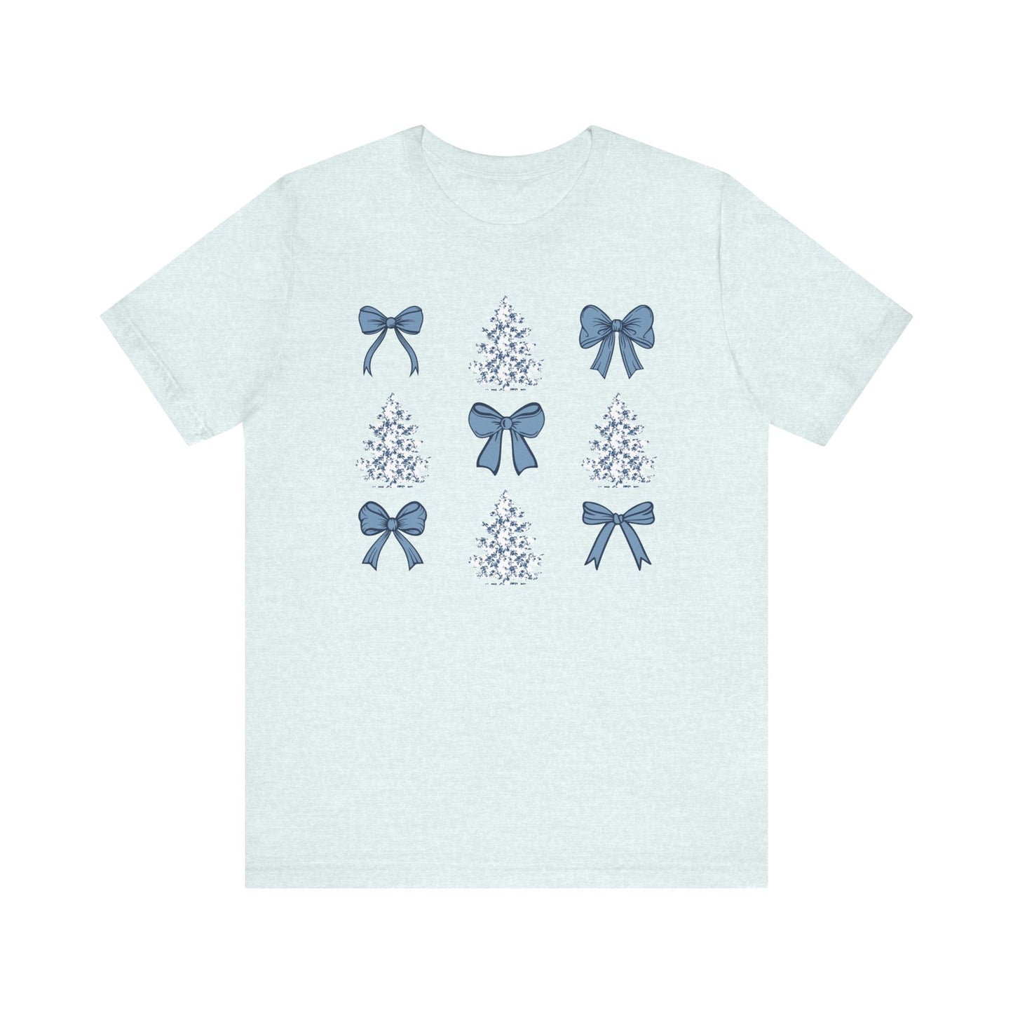 Toile De Jouy Christmas Trees and Blue Coquette Bows T-shirt