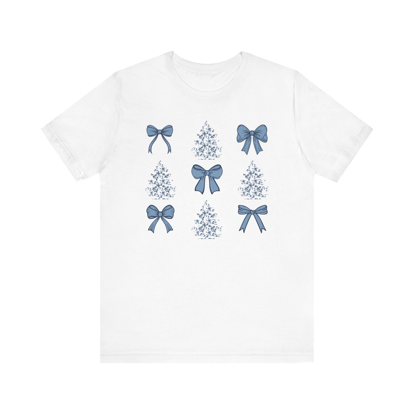 Toile De Jouy Christmas Trees and Blue Coquette Bows T-shirt