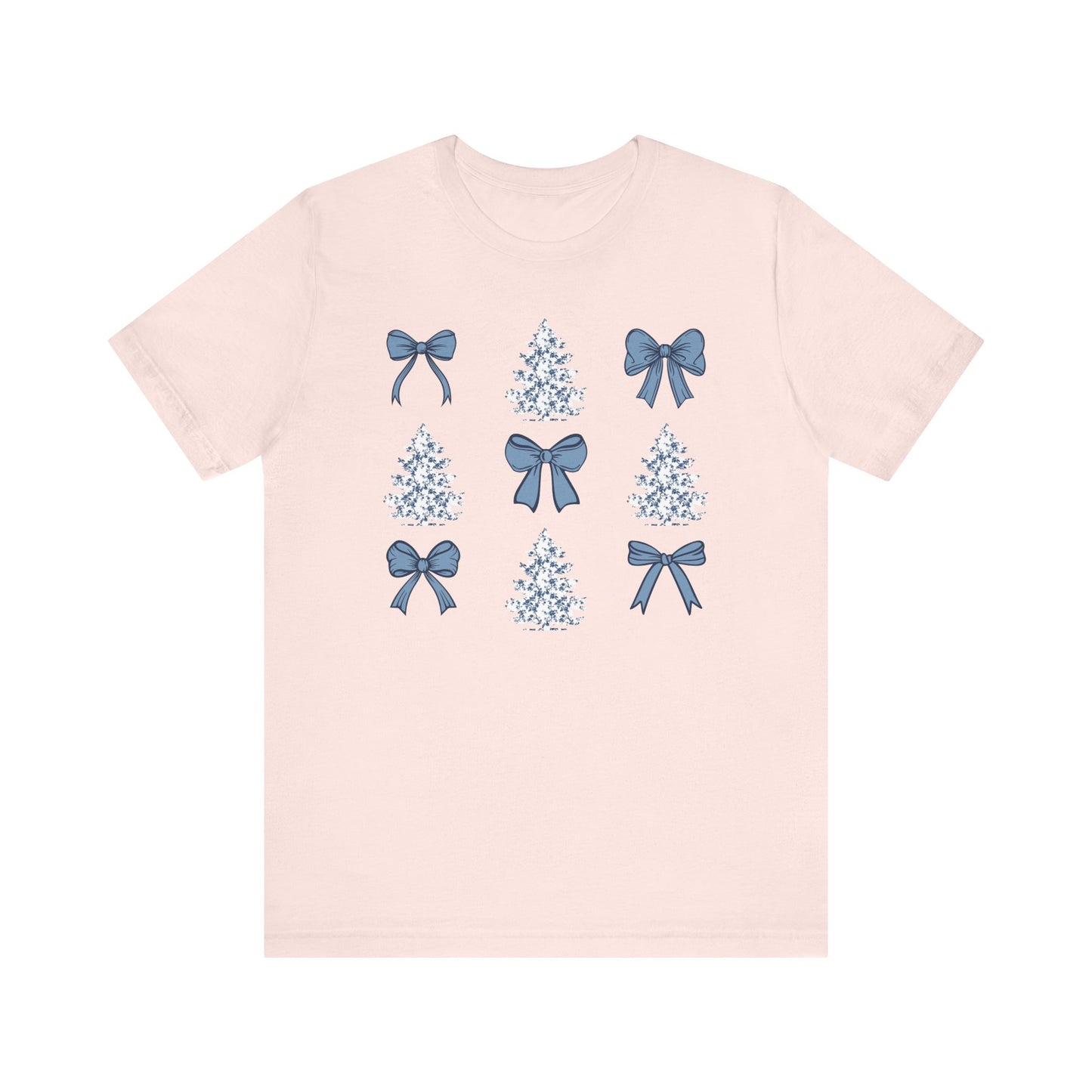 Toile De Jouy Christmas Trees and Blue Coquette Bows T-shirt