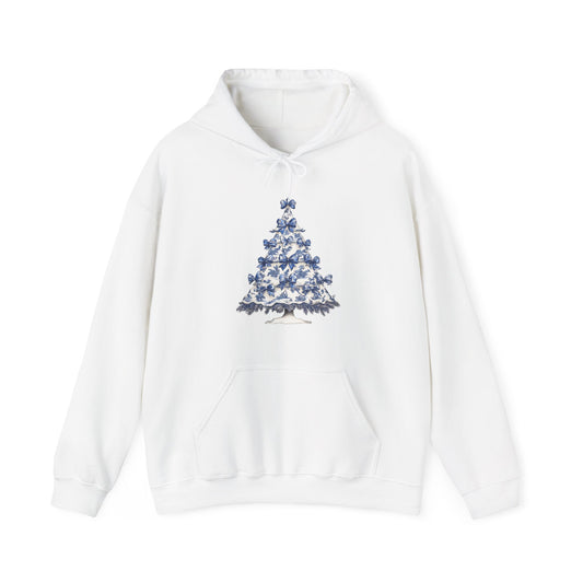 Toile De Jouy Blue Christmas Tree And Coquette Bows Hoodie