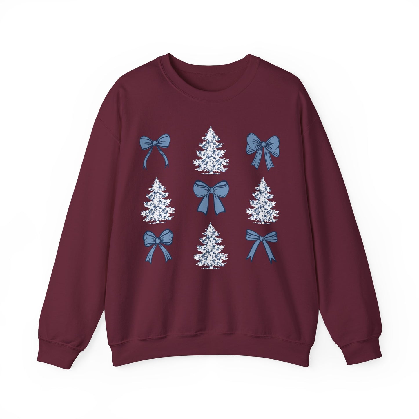 Toile De Jouy Christmas Trees and Blue Coquette Bows Sweatshirt