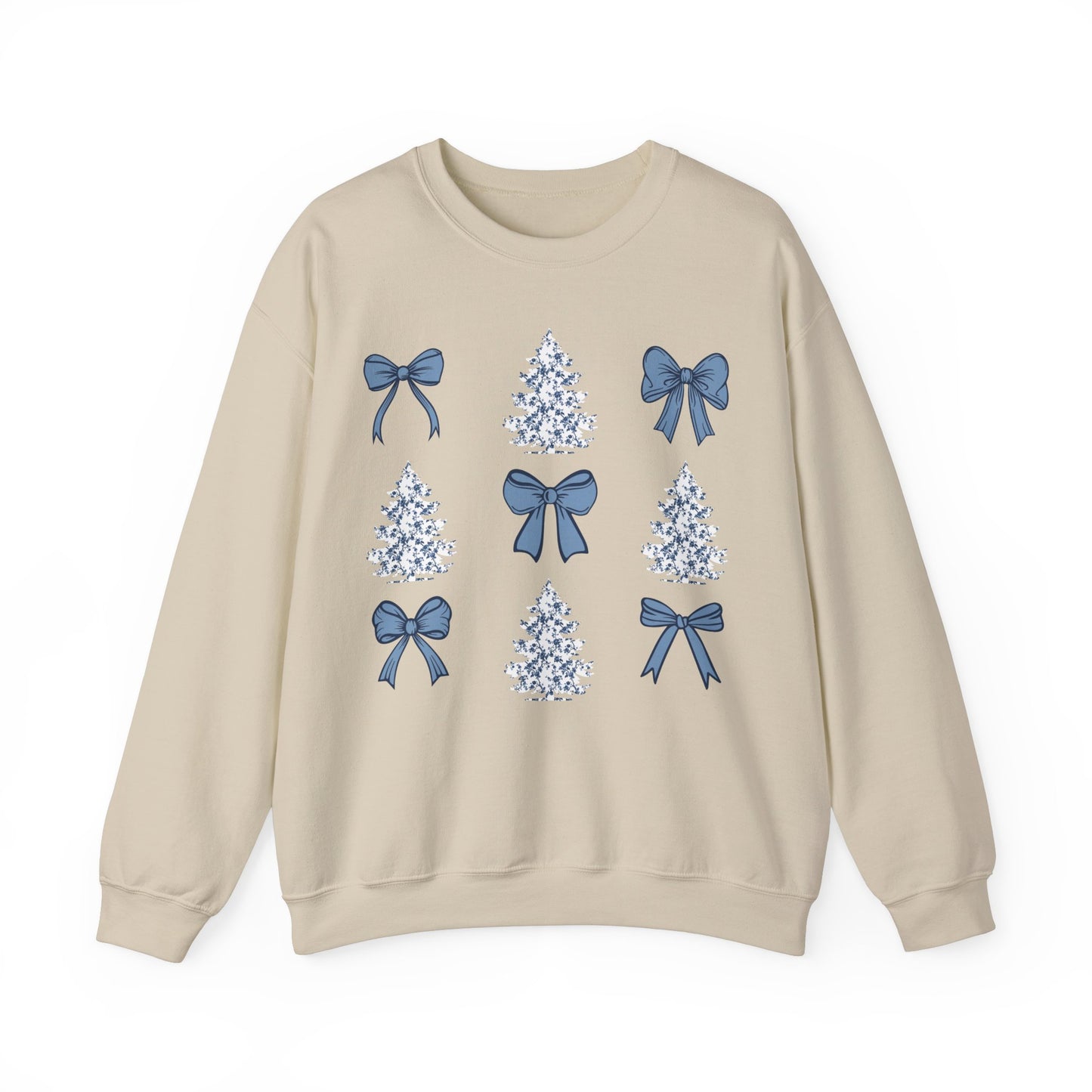 Toile De Jouy Christmas Trees and Blue Coquette Bows Sweatshirt