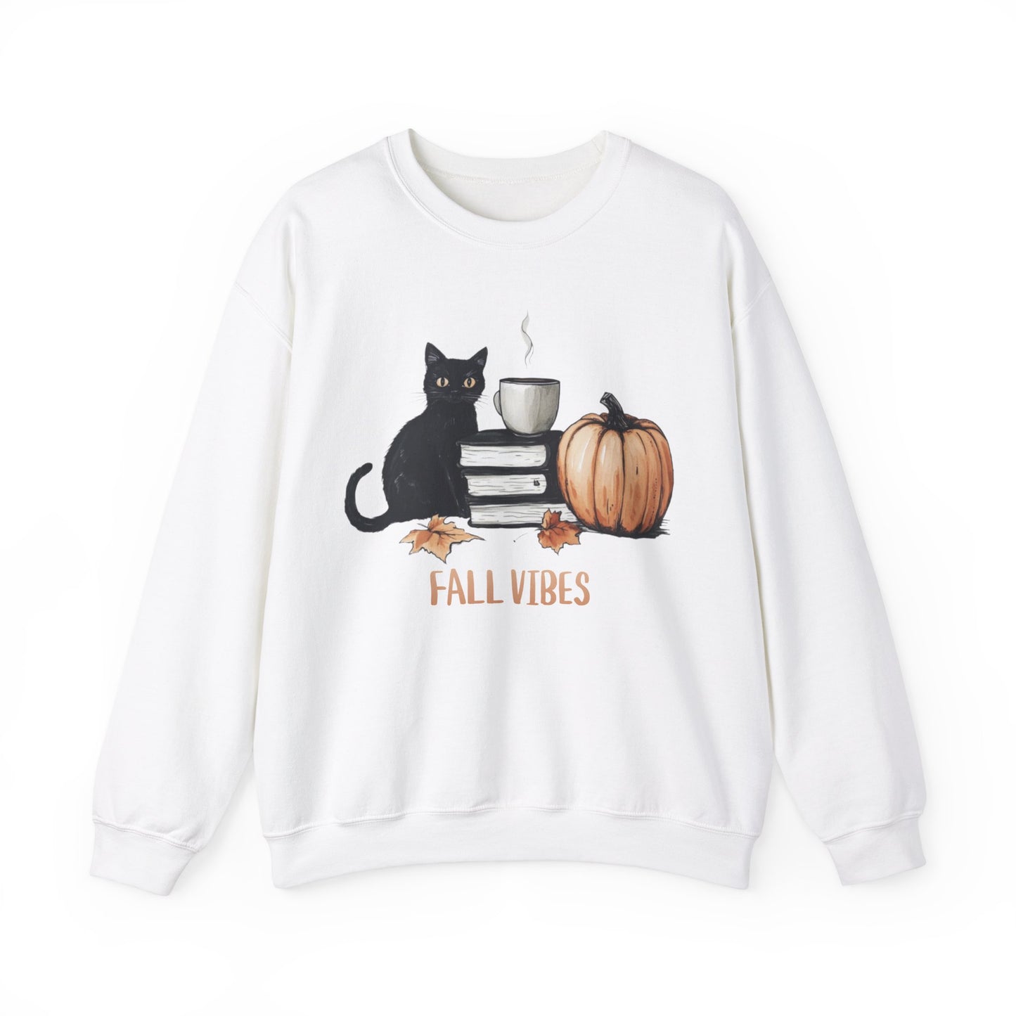 Fall Vibes Cat Maple Leaf Book Pumpkin Coffee Graphic Sweatshirt