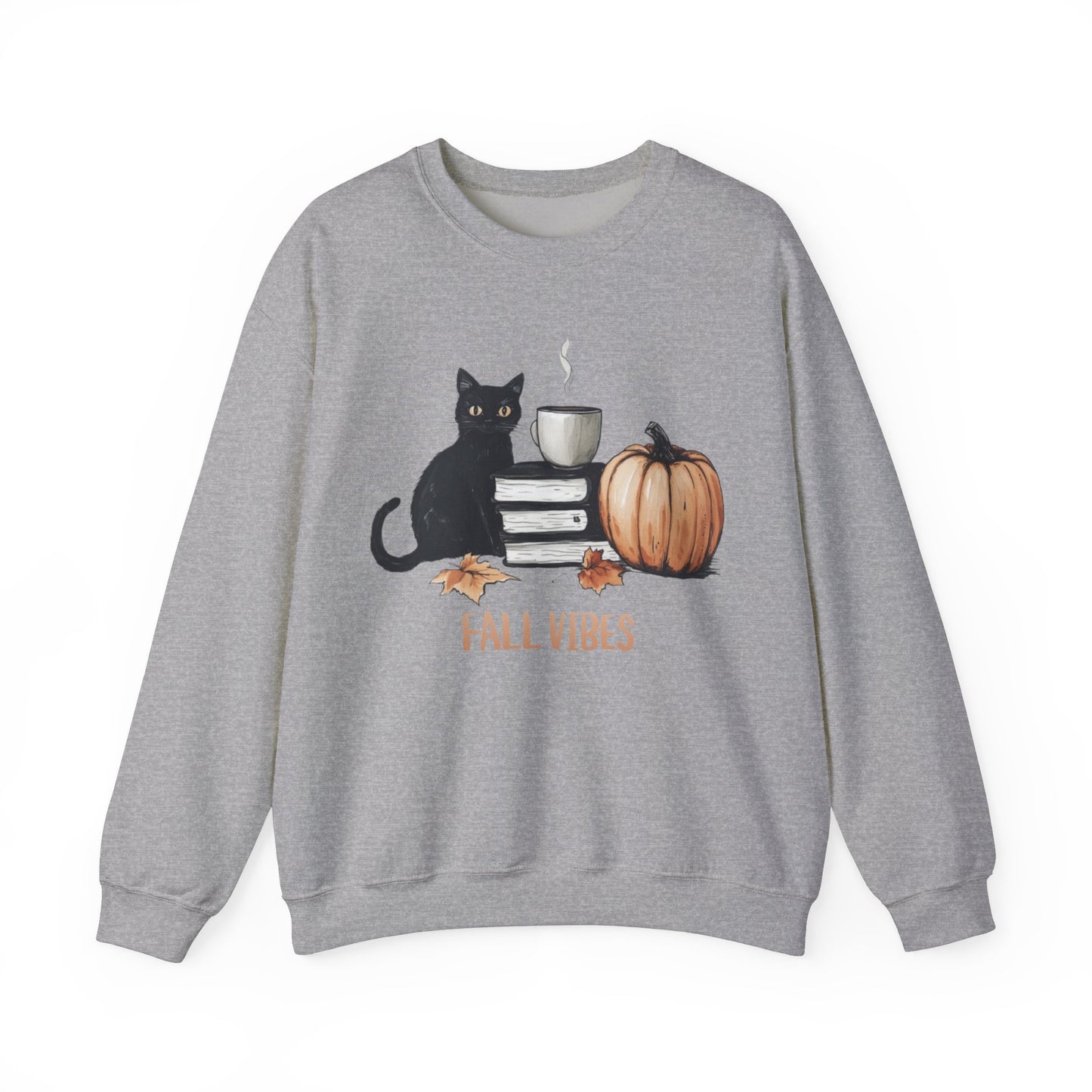 Fall Vibes Cat Maple Leaf Book Pumpkin Coffee Graphic Sweatshirt