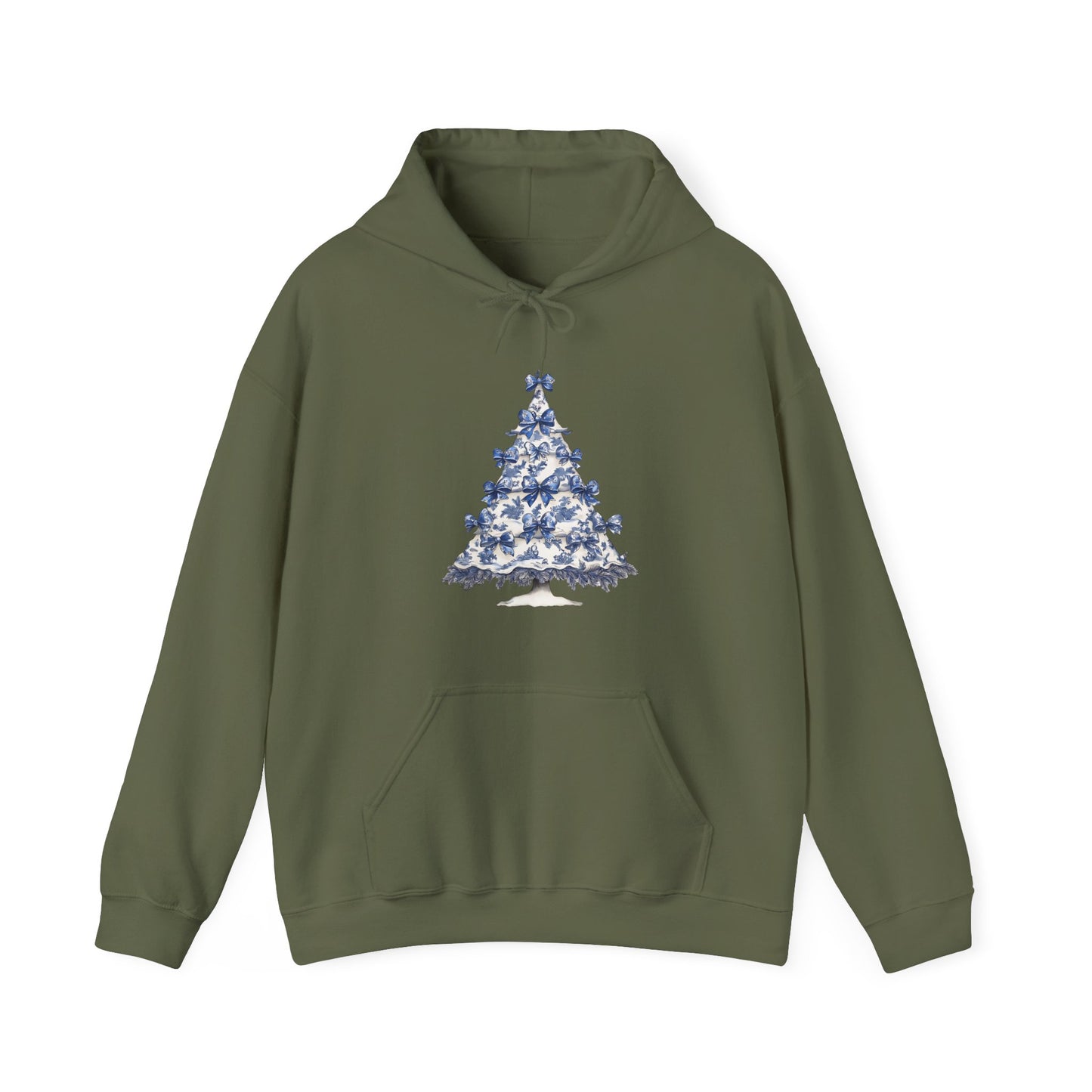 Toile De Jouy Blue Christmas Tree And Coquette Bows Hoodie