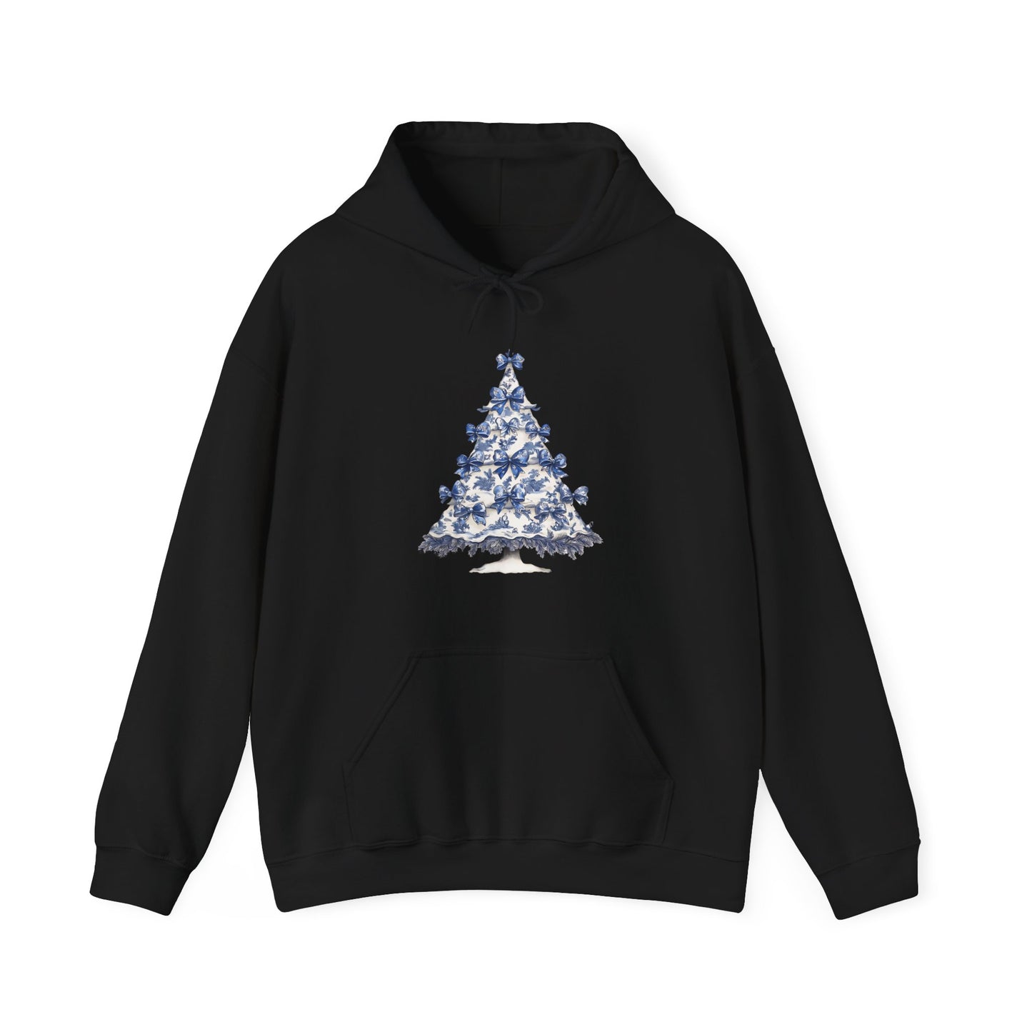 Toile De Jouy Blue Christmas Tree And Coquette Bows Hoodie