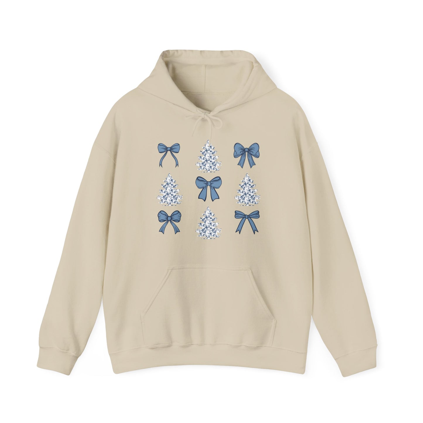 Toile De Jouy Christmas Trees and Blue Coquette Bows Hoodie