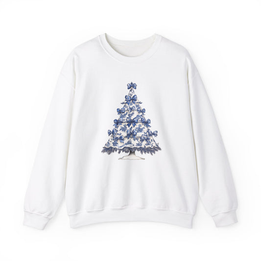 Toile De Jouy Blue Christmas Tree And Coquette Bows Sweatshirt