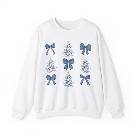 Toile De Jouy Christmas Trees and Blue Coquette Bows Sweatshirt