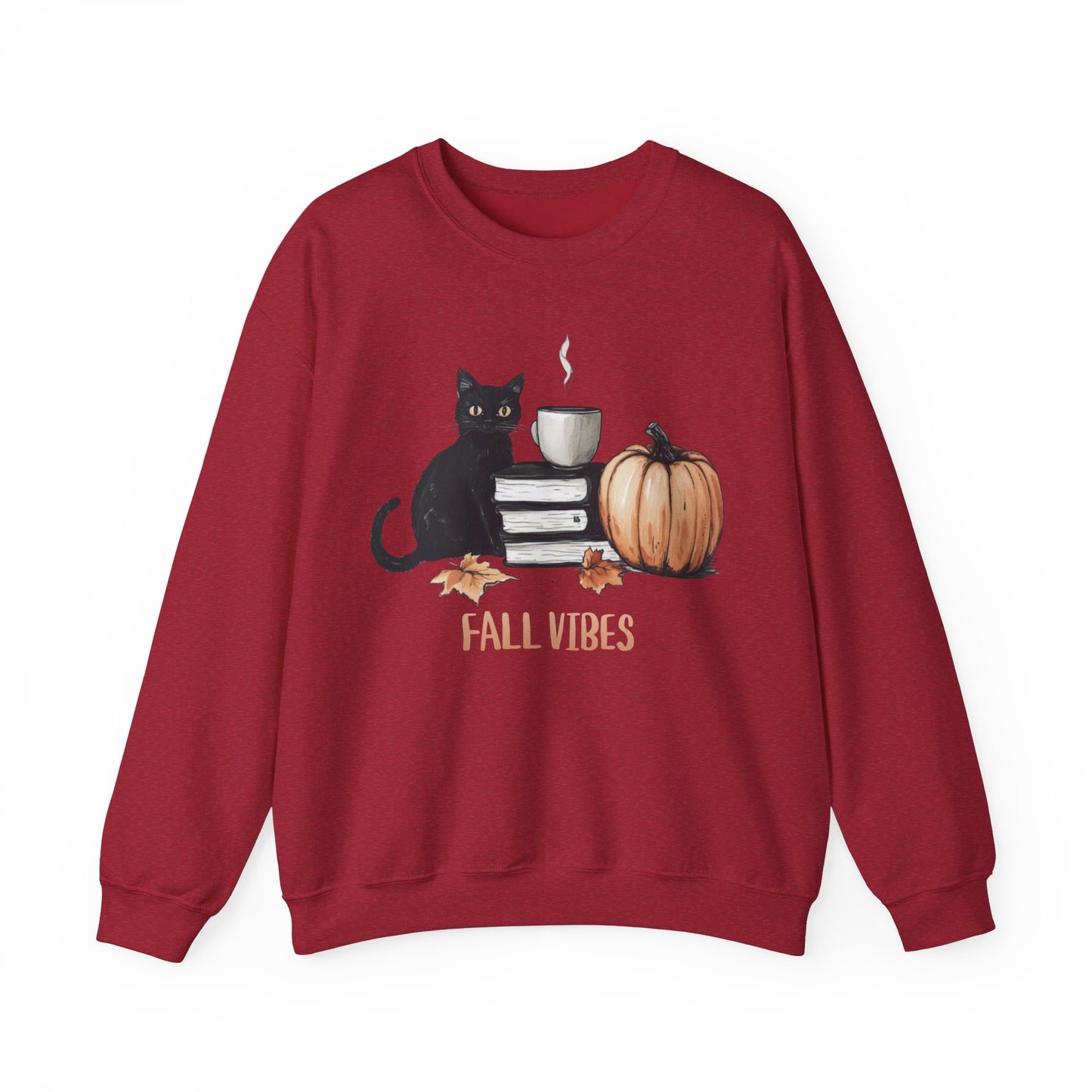 Fall Vibes Cat Maple Leaf Book Pumpkin Coffee Graphic Sweatshirt