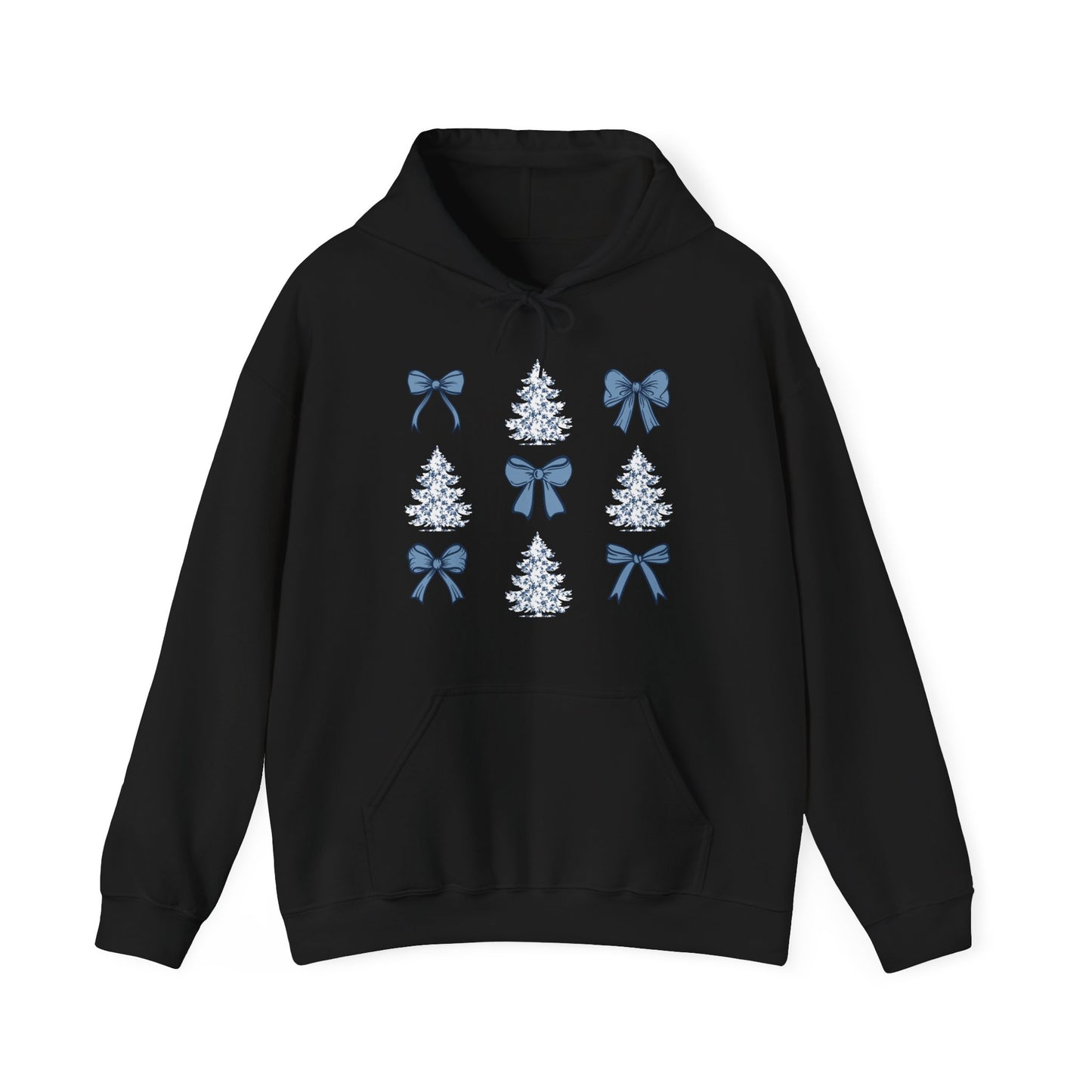 Toile De Jouy Christmas Trees and Blue Coquette Bows Hoodie