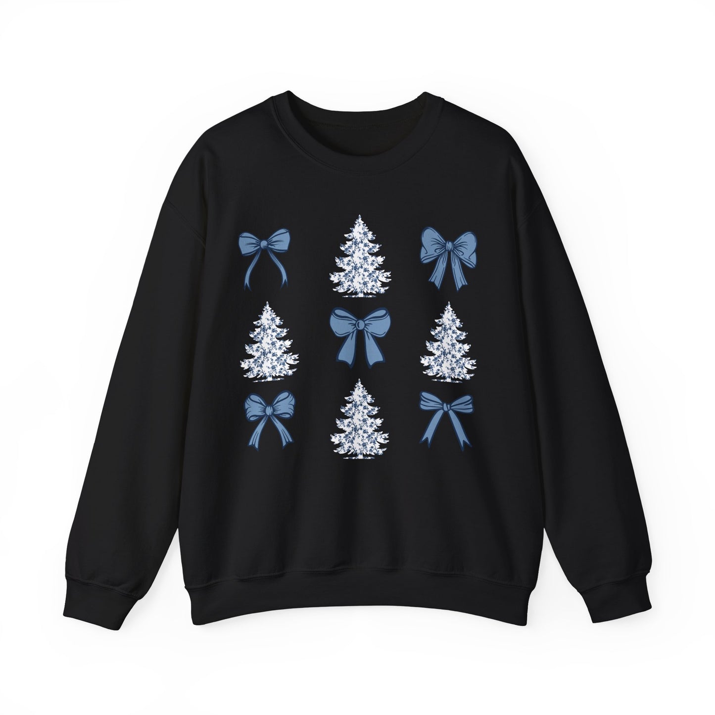 Toile De Jouy Christmas Trees and Blue Coquette Bows Sweatshirt