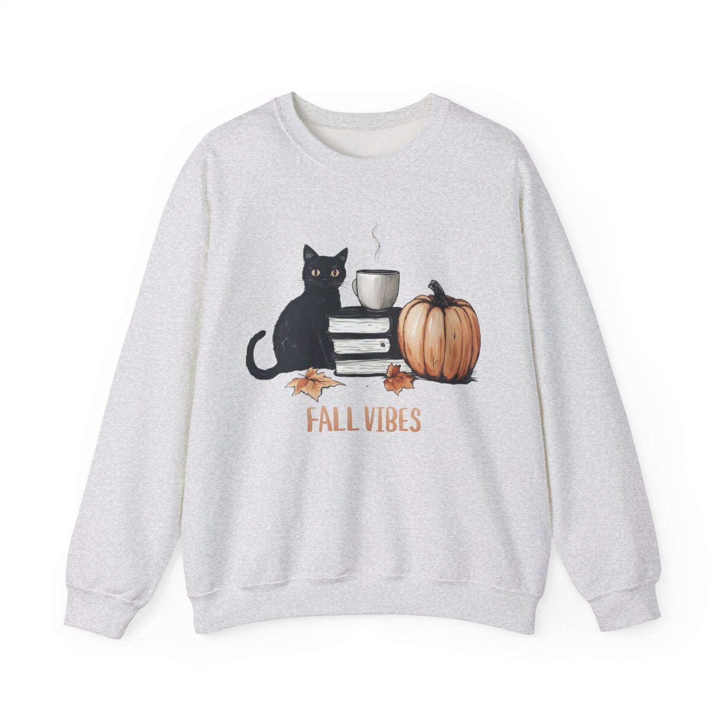 Fall Vibes Cat Maple Leaf Book Pumpkin Coffee Graphic Sweatshirt