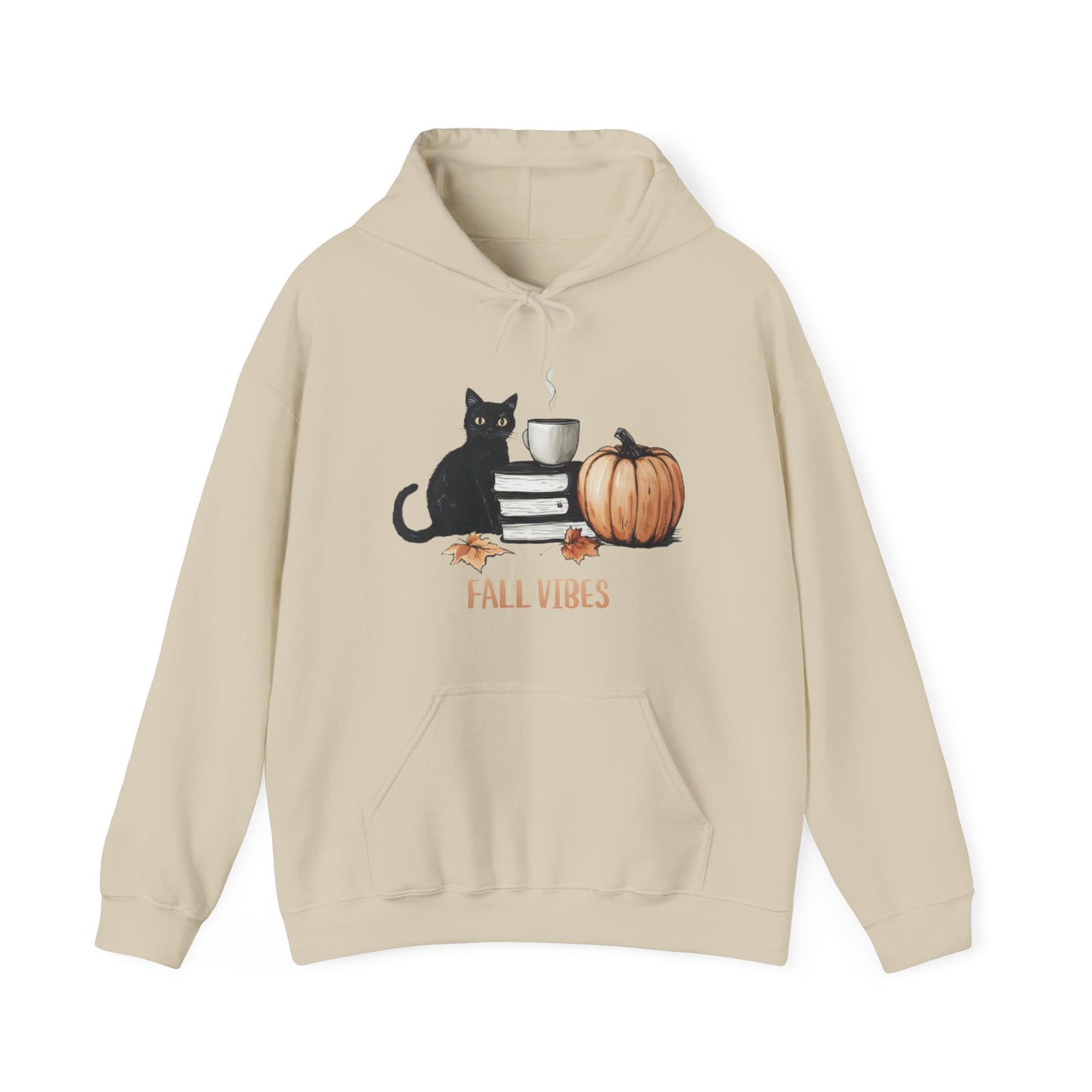 Fall Vibes Coffee Cat Books Pumpkin Maple Graphic Hoodie