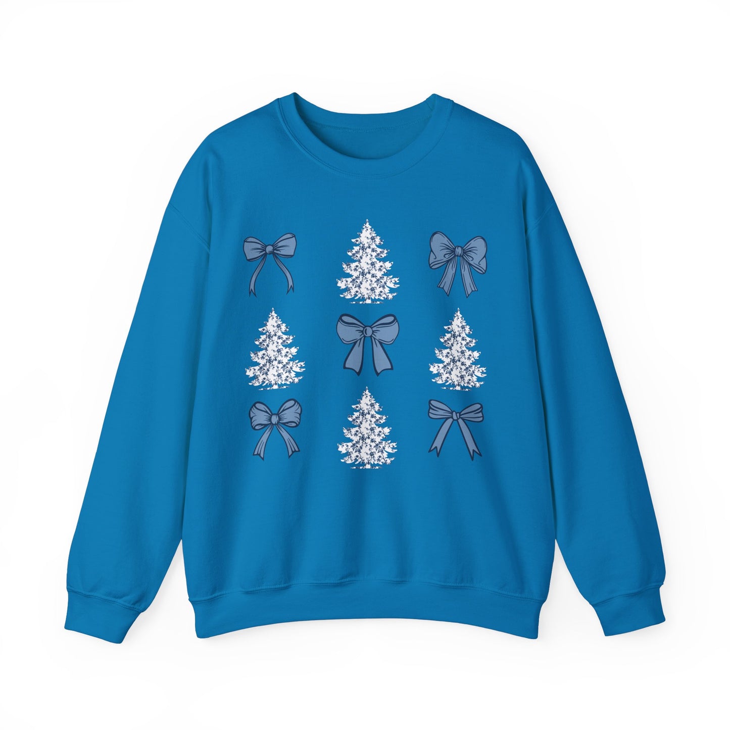 Toile De Jouy Christmas Trees and Blue Coquette Bows Sweatshirt