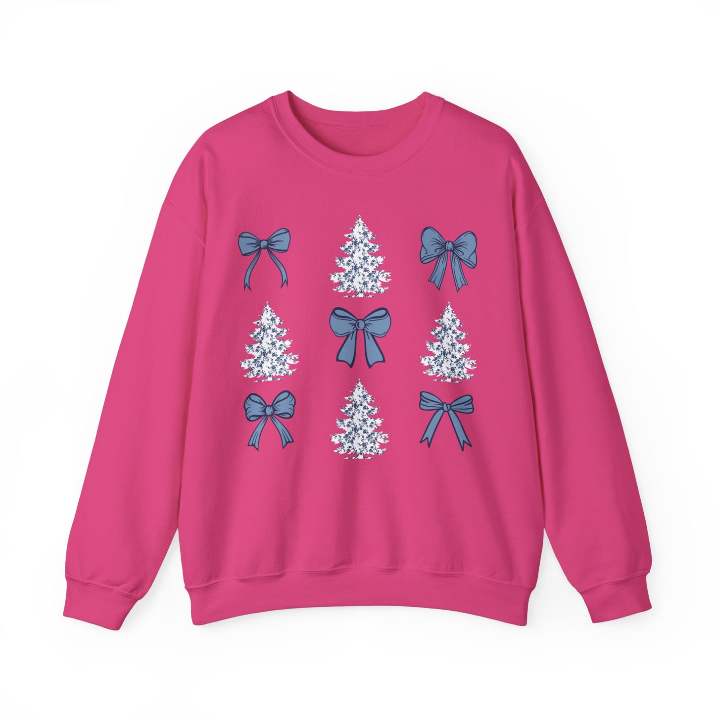 Toile De Jouy Christmas Trees and Blue Coquette Bows Sweatshirt