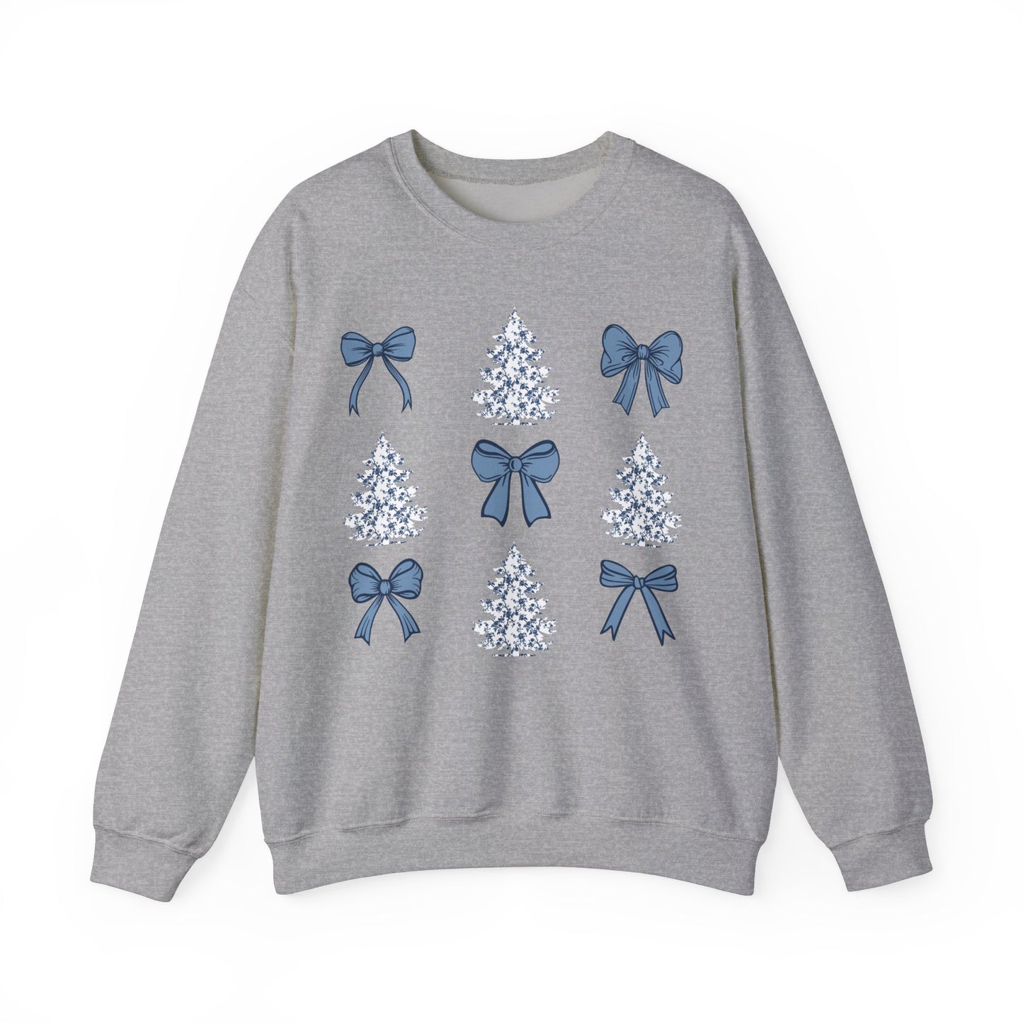 Toile De Jouy Christmas Trees and Blue Coquette Bows Sweatshirt