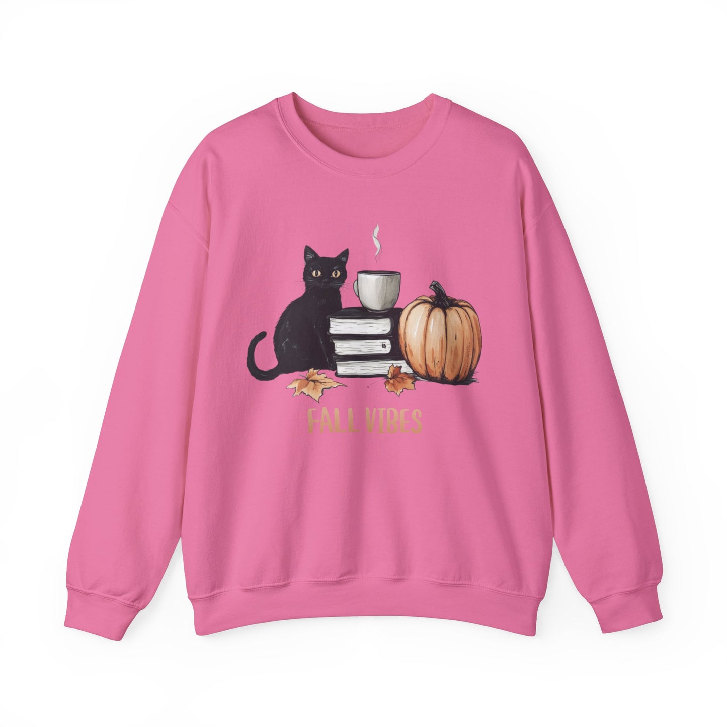 Fall Vibes Cat Maple Leaf Book Pumpkin Coffee Graphic Sweatshirt