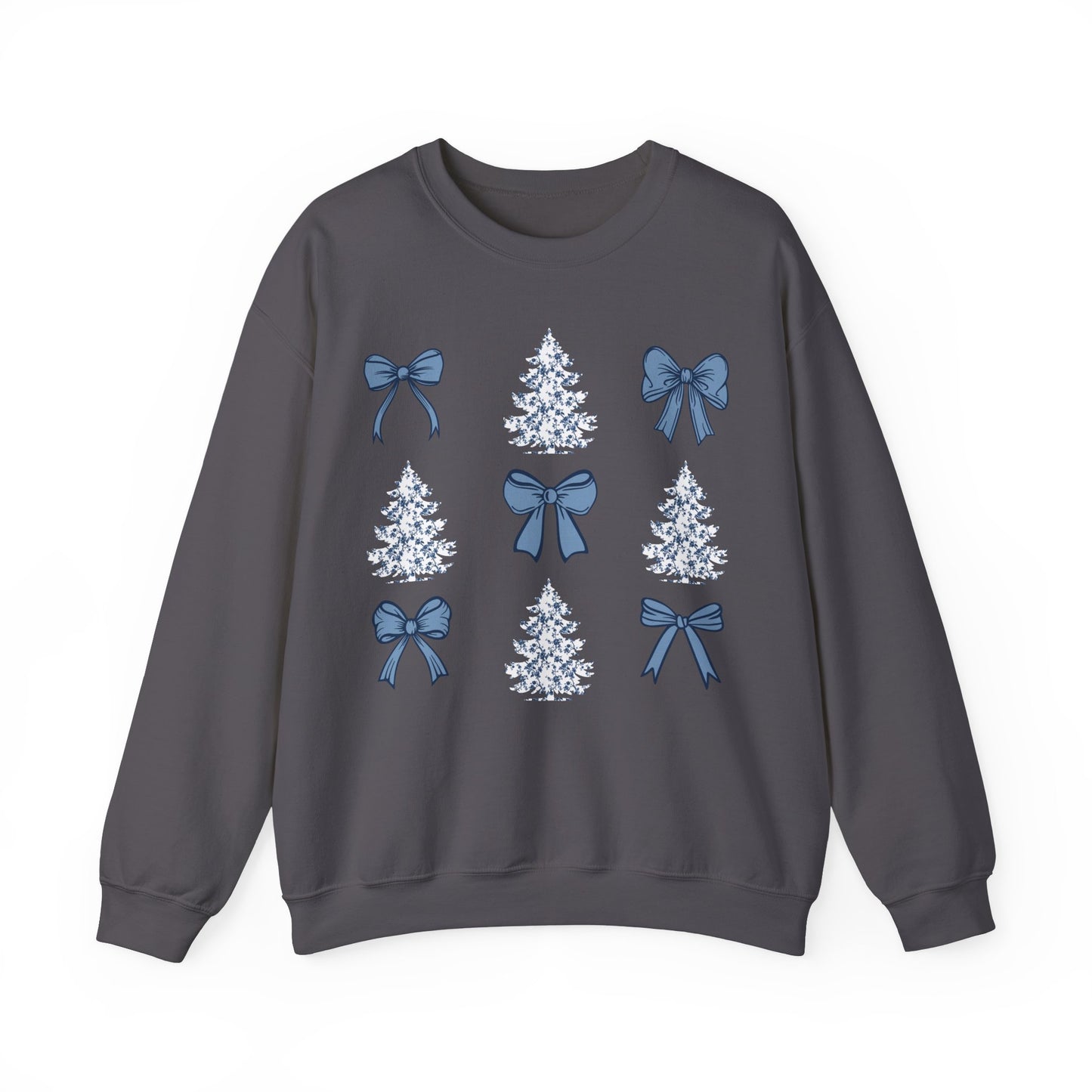 Toile De Jouy Christmas Trees and Blue Coquette Bows Sweatshirt