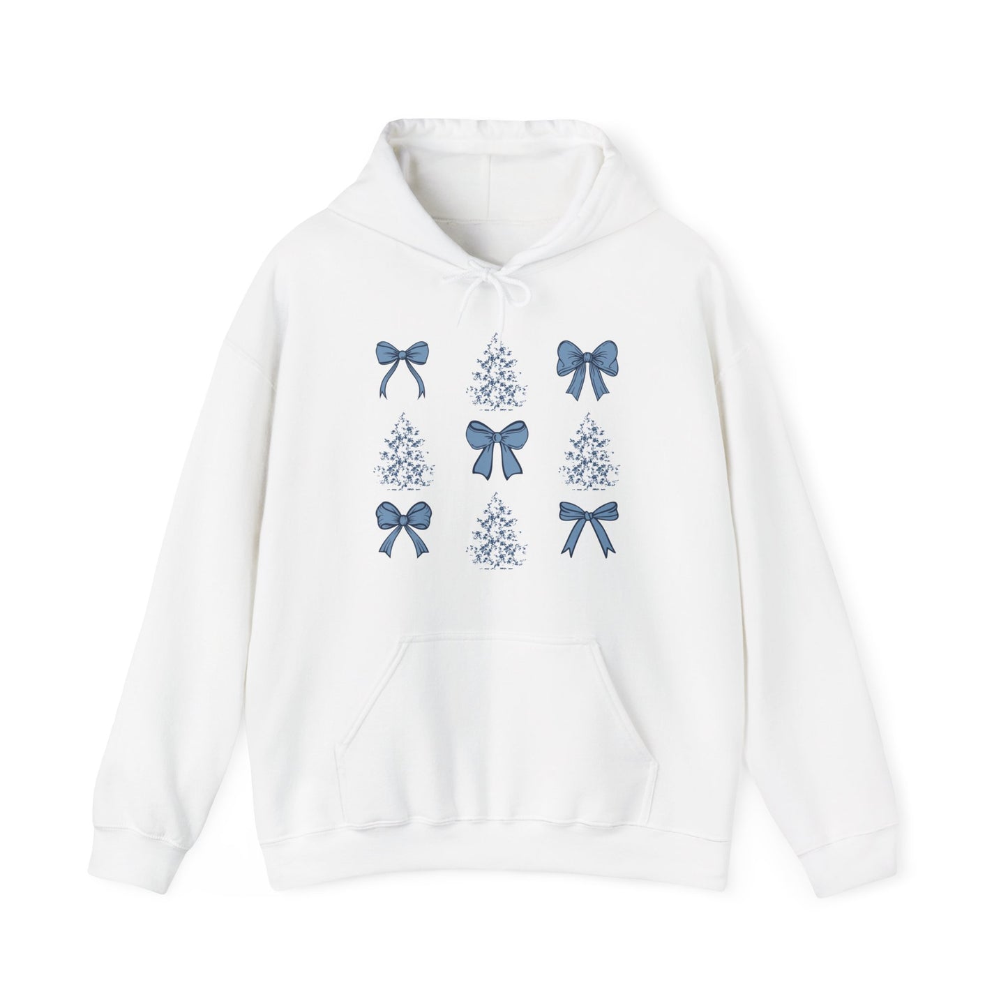 Toile De Jouy Christmas Trees and Blue Coquette Bows Hoodie