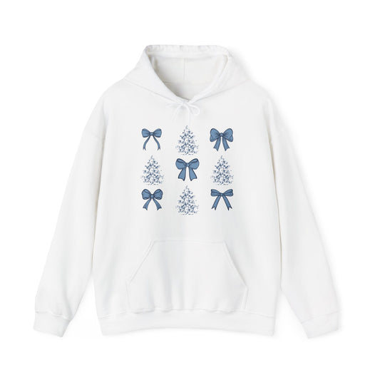 Toile De Jouy Christmas Trees and Blue Coquette Bows Hoodie