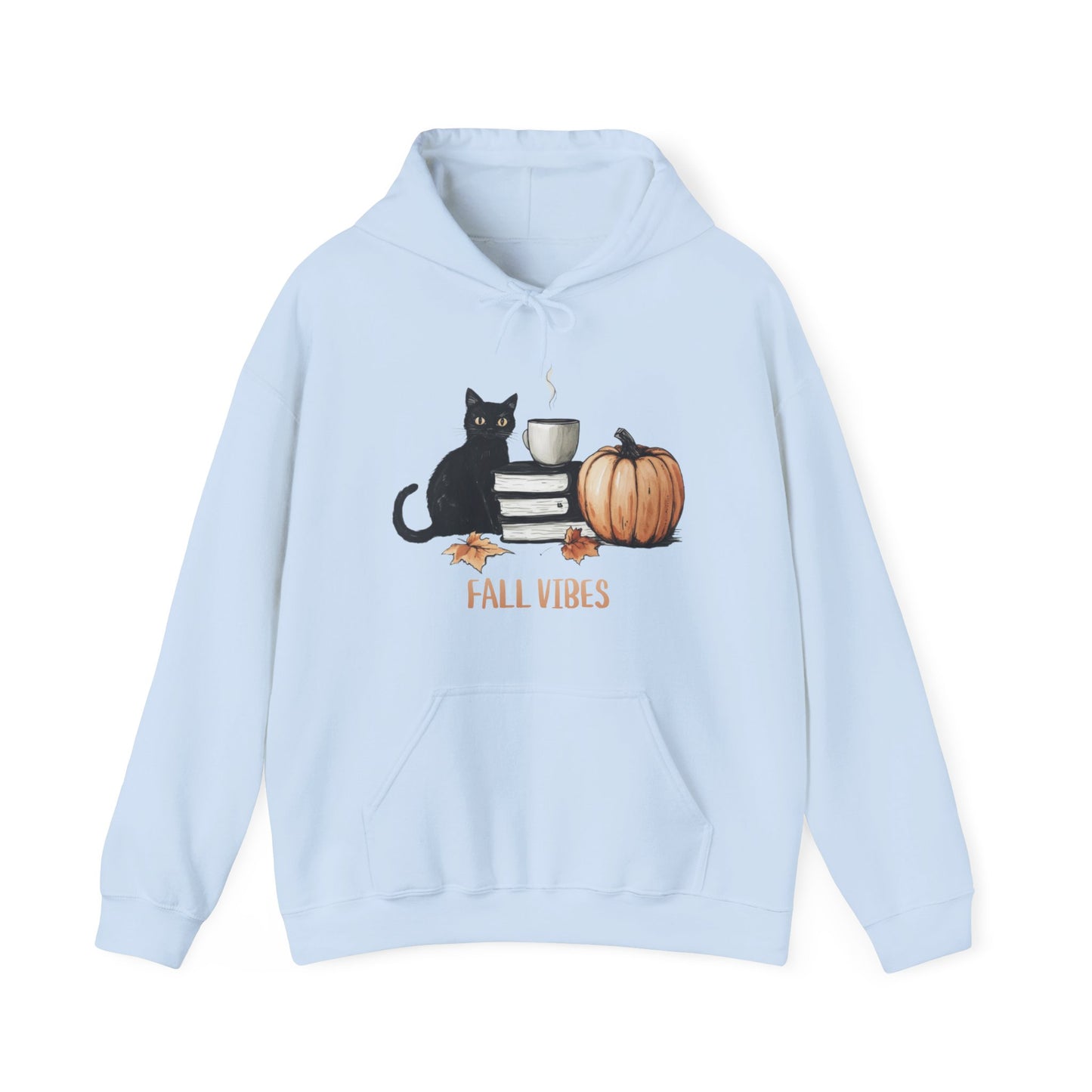 Fall Vibes Coffee Cat Books Pumpkin Maple Graphic Hoodie