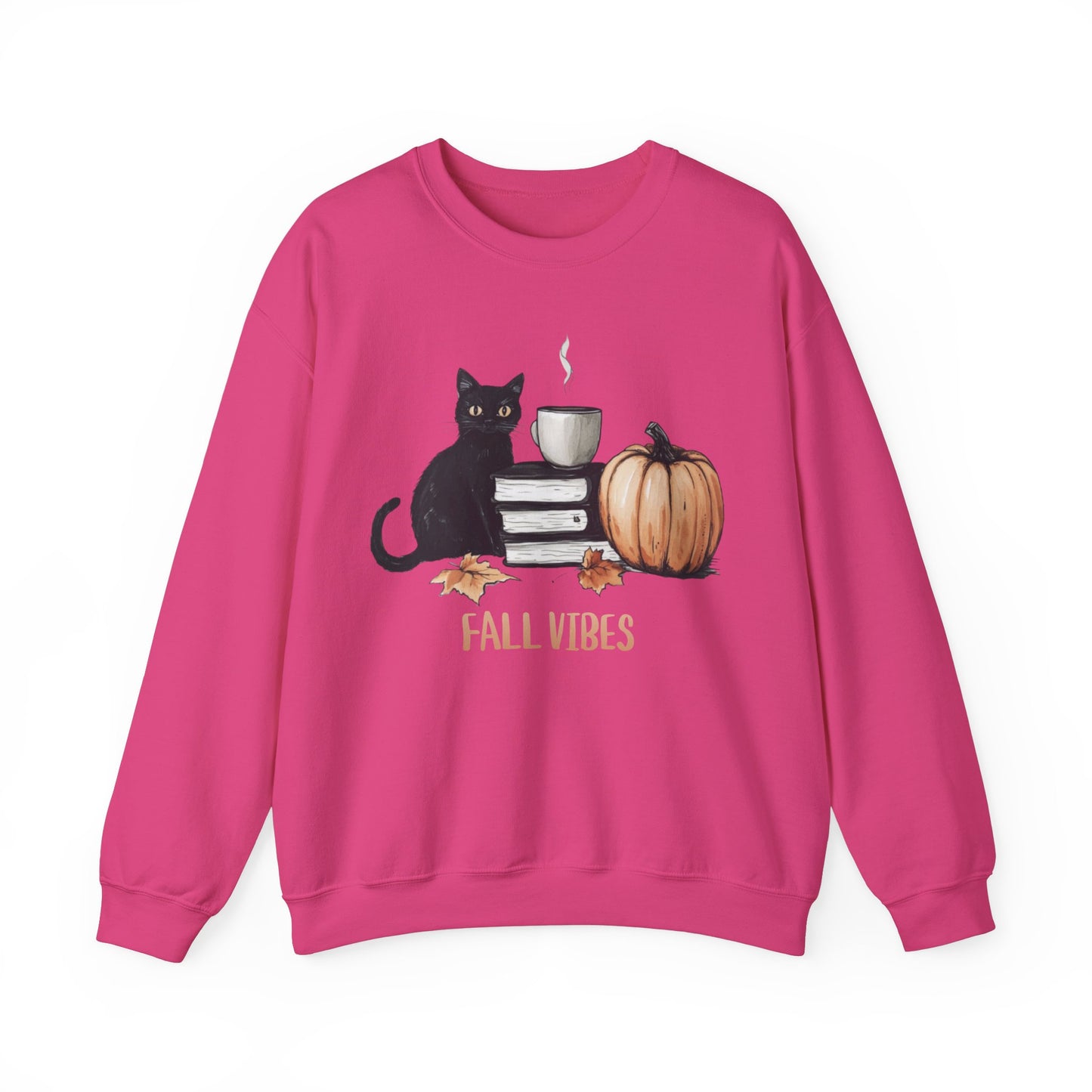 Fall Vibes Cat Maple Leaf Book Pumpkin Coffee Graphic Sweatshirt