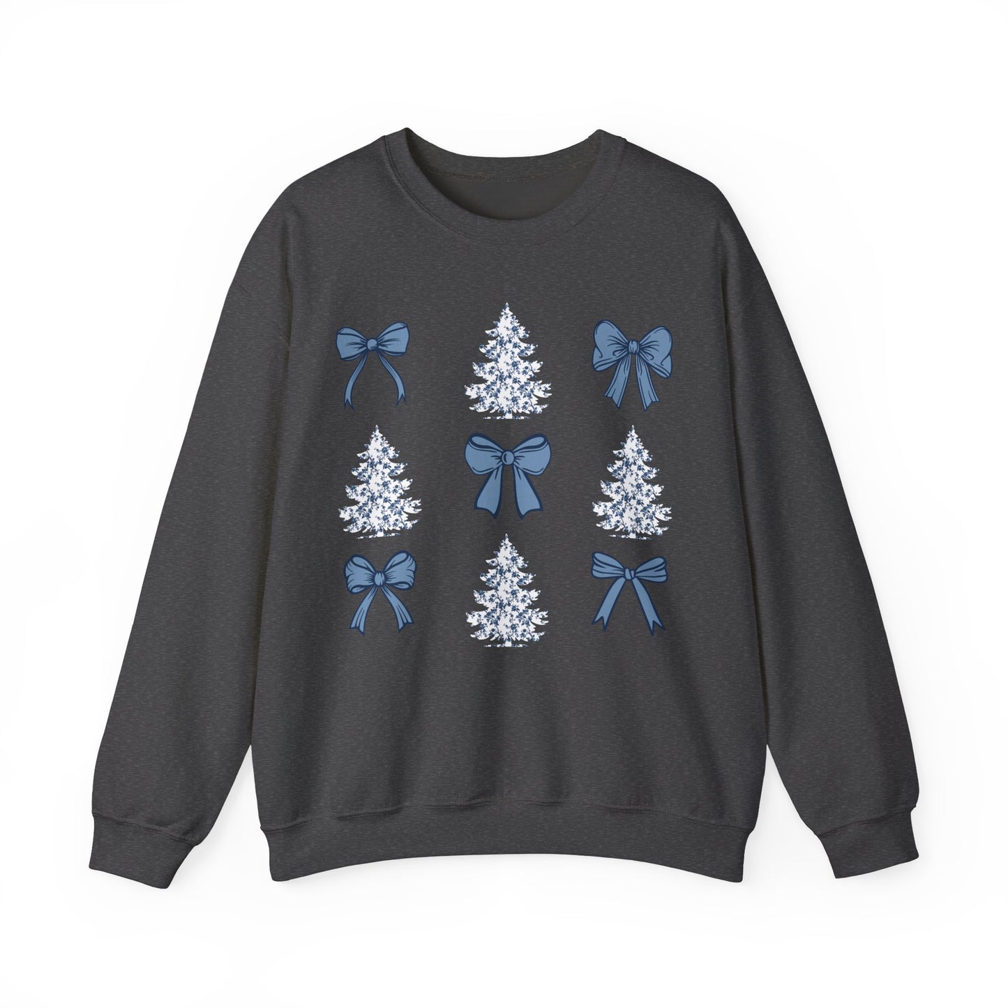 Toile De Jouy Christmas Trees and Blue Coquette Bows Sweatshirt