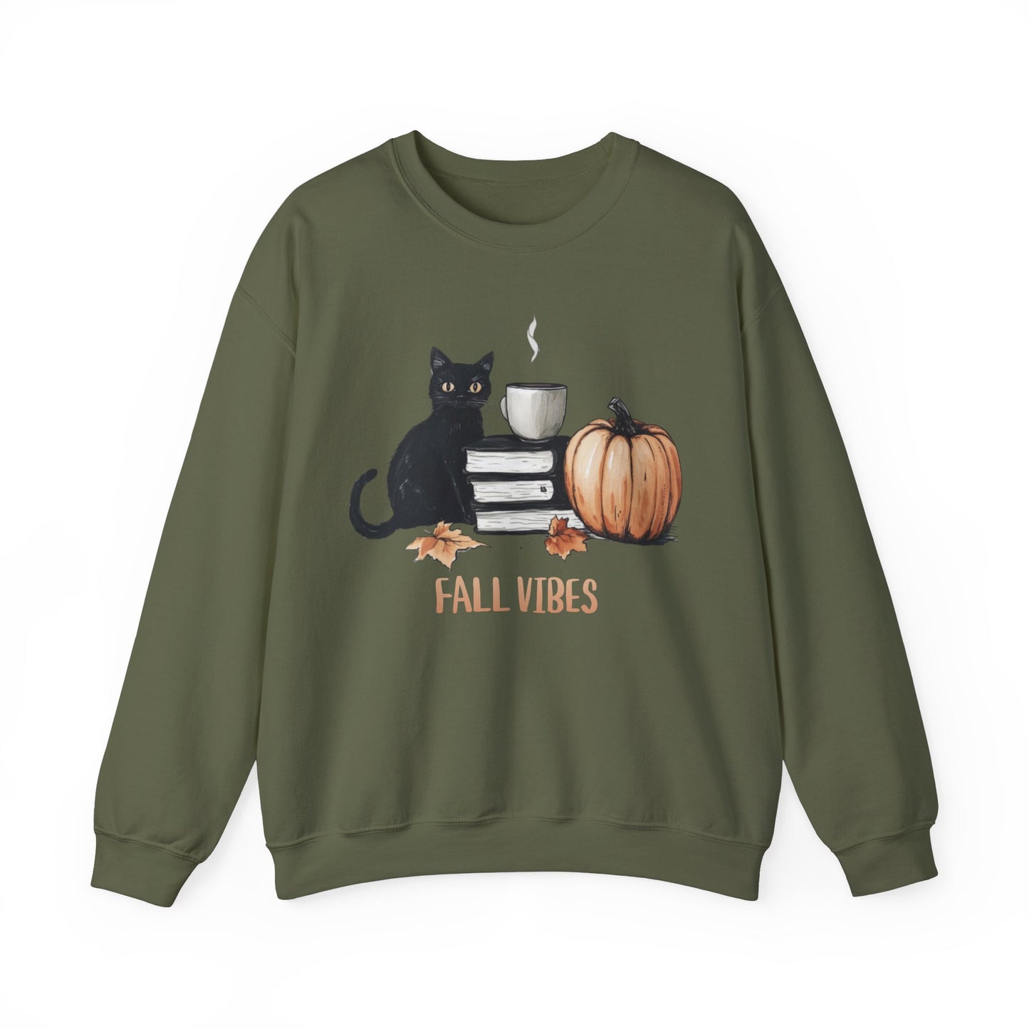 Fall Vibes Cat Maple Leaf Book Pumpkin Coffee Graphic Sweatshirt