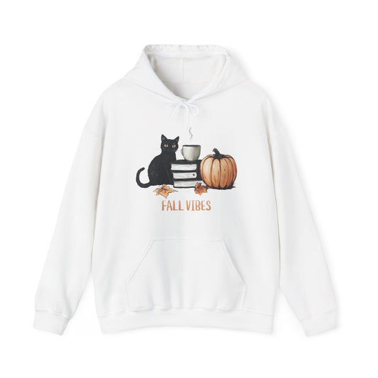 Fall Vibes Coffee Cat Books Pumpkin Maple Graphic Hoodie