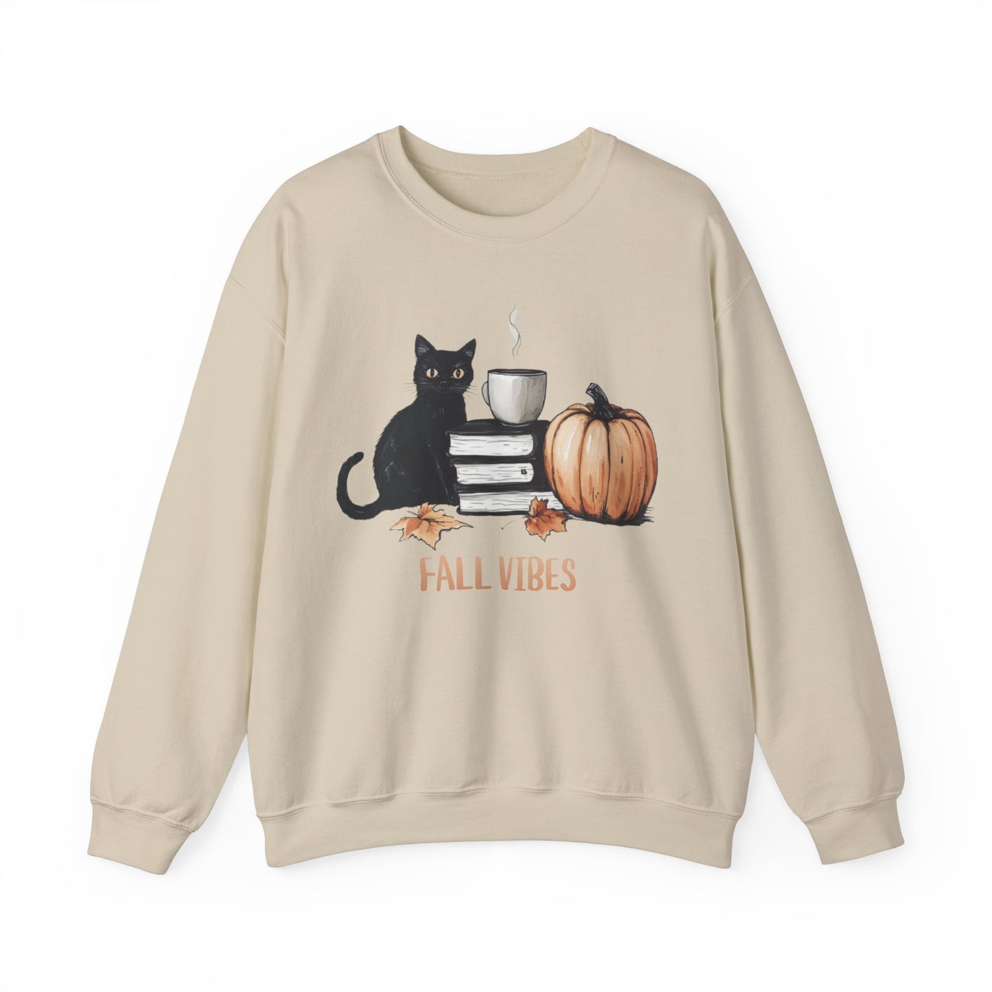 Fall Vibes Cat Maple Leaf Book Pumpkin Coffee Graphic Sweatshirt